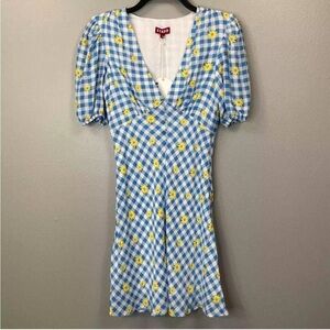 Staud Milla Mini Dress Womens 4 Blue Gingham Plaid Floral Daisy Novelty